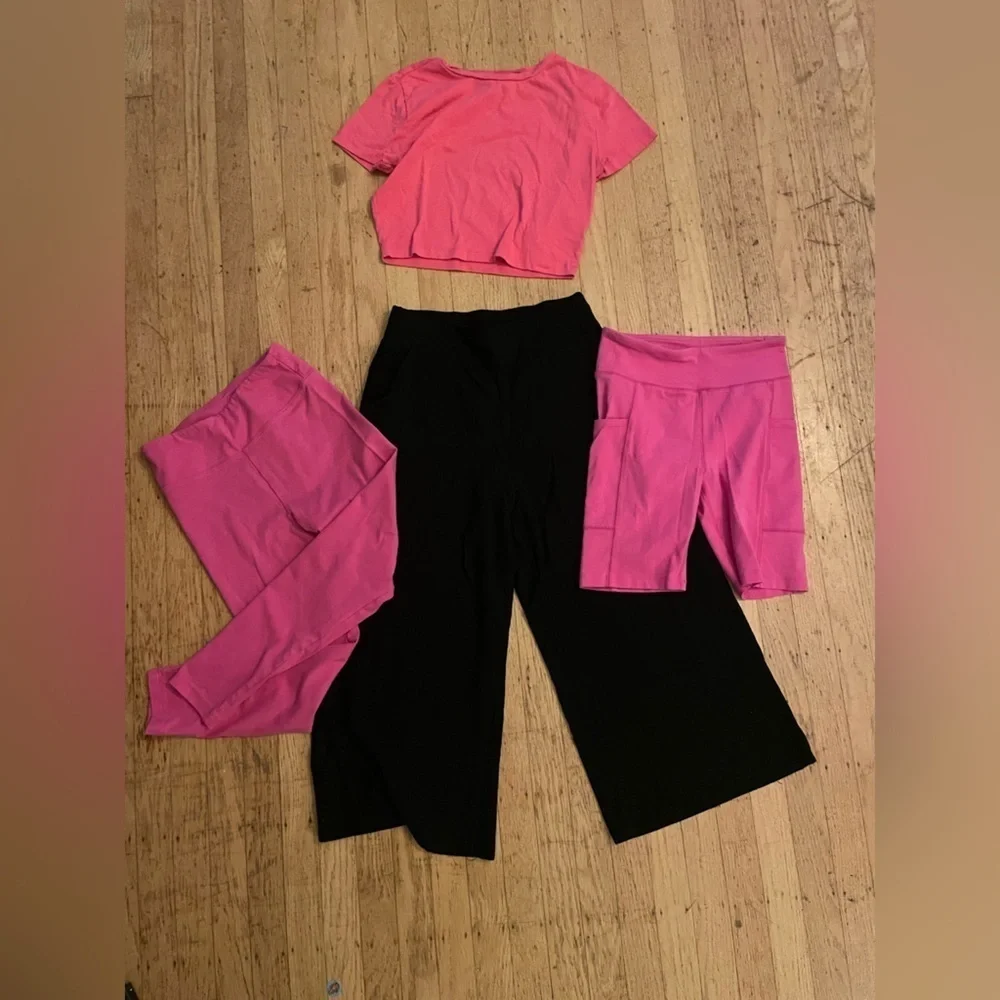 J. Crew leggings, bike shorts, crop top, wide leg crop pants set pink